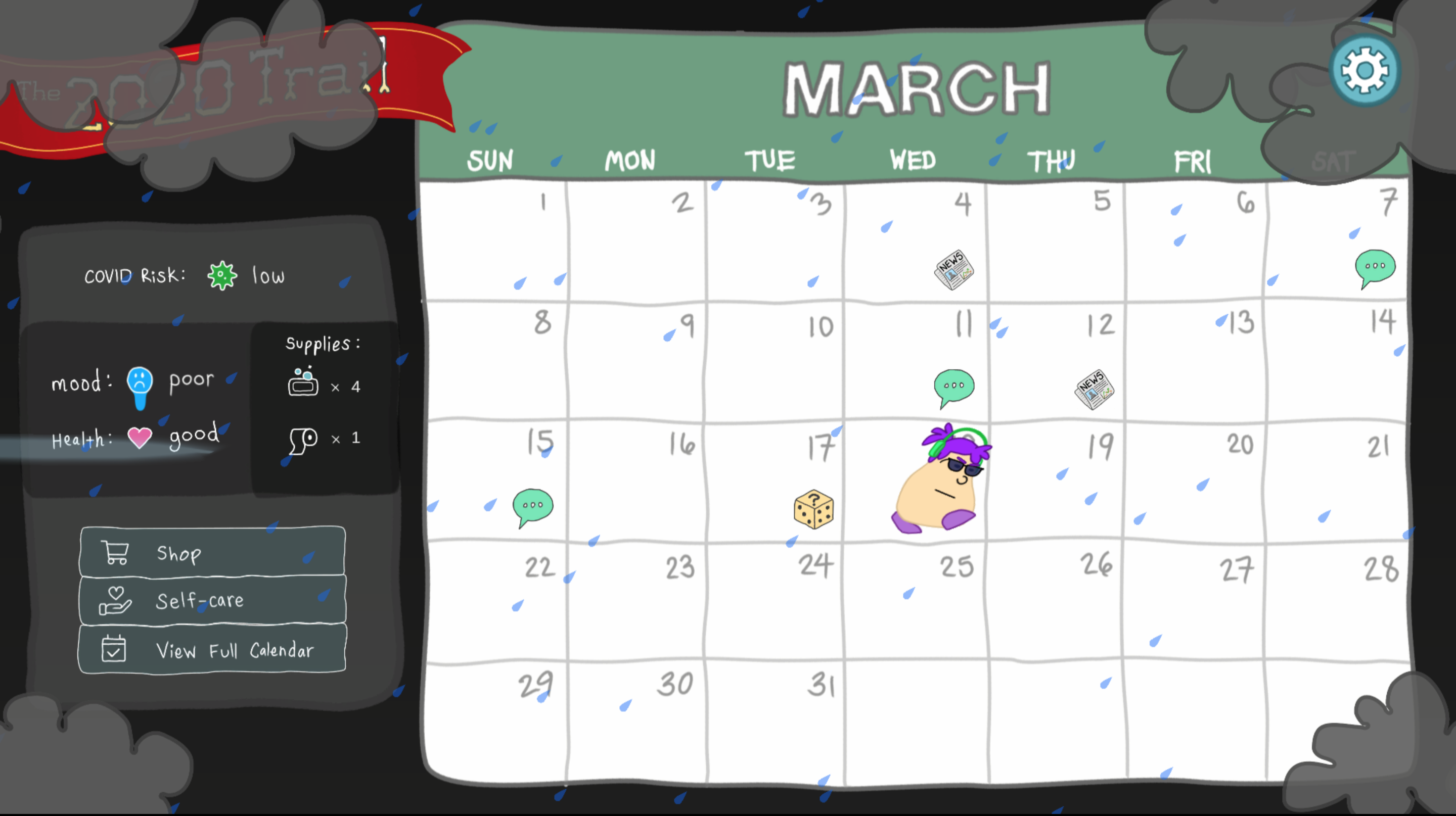 Screenshot of The 2020 Trail game's main calebdar view and dashboard