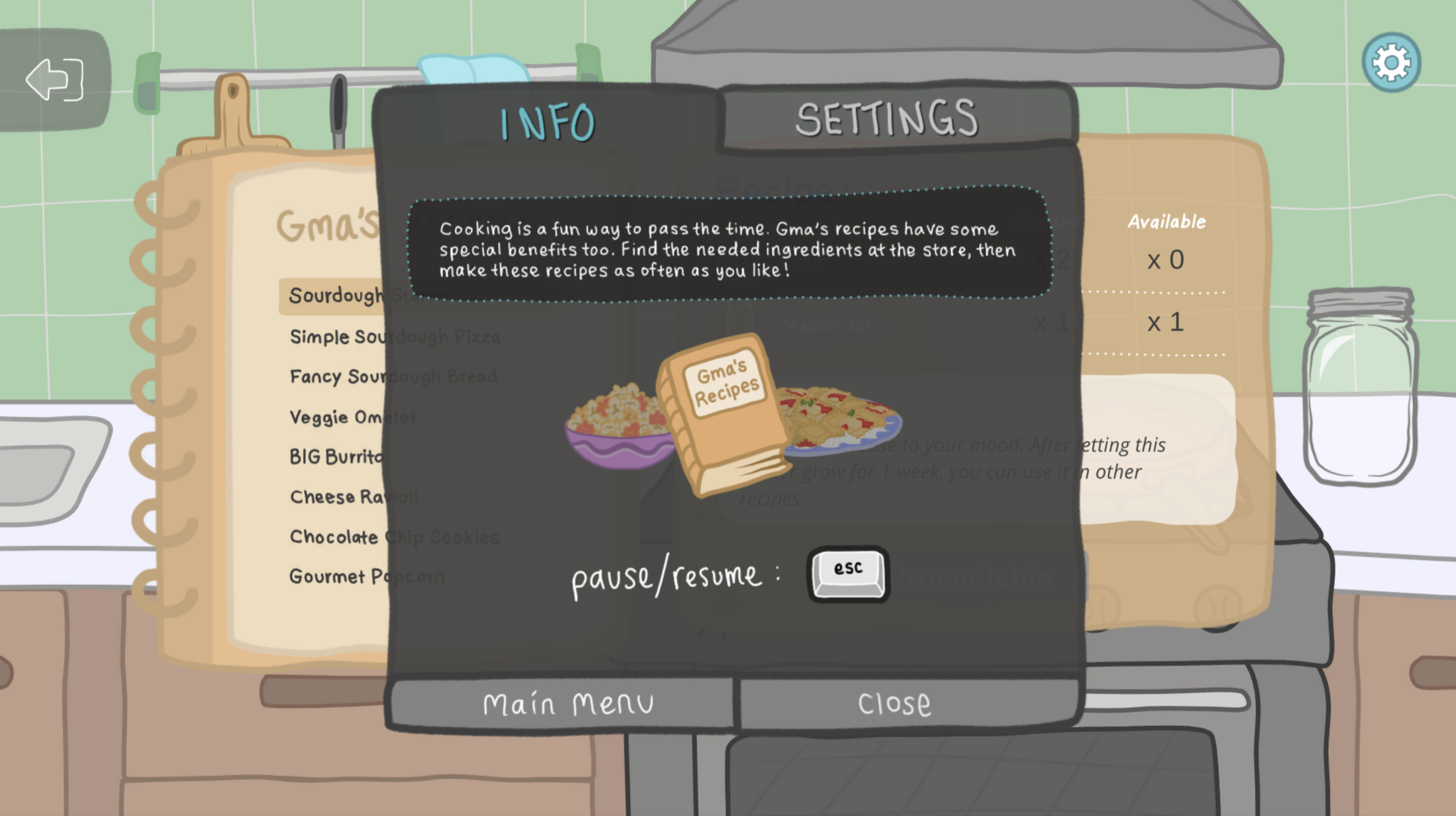 Screenshot of The 2020 Trail game's cooking activity info screen
