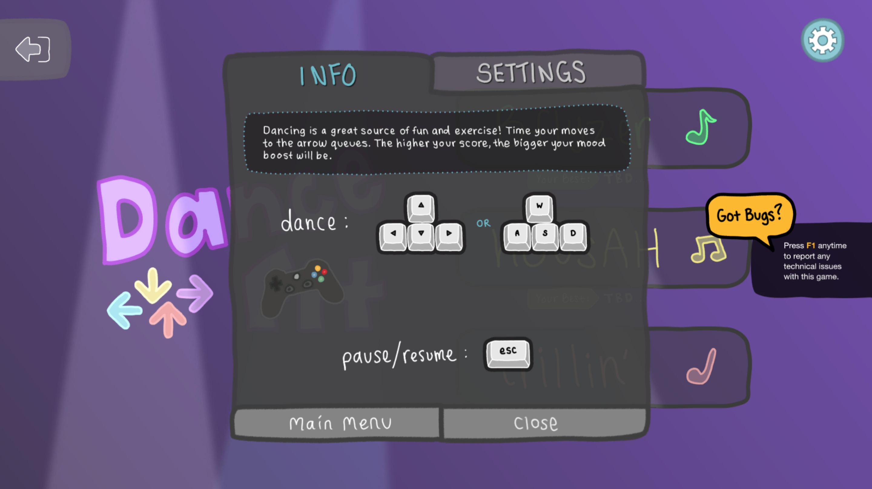 Screenshot of The 2020 Trail game's dance activity info screen