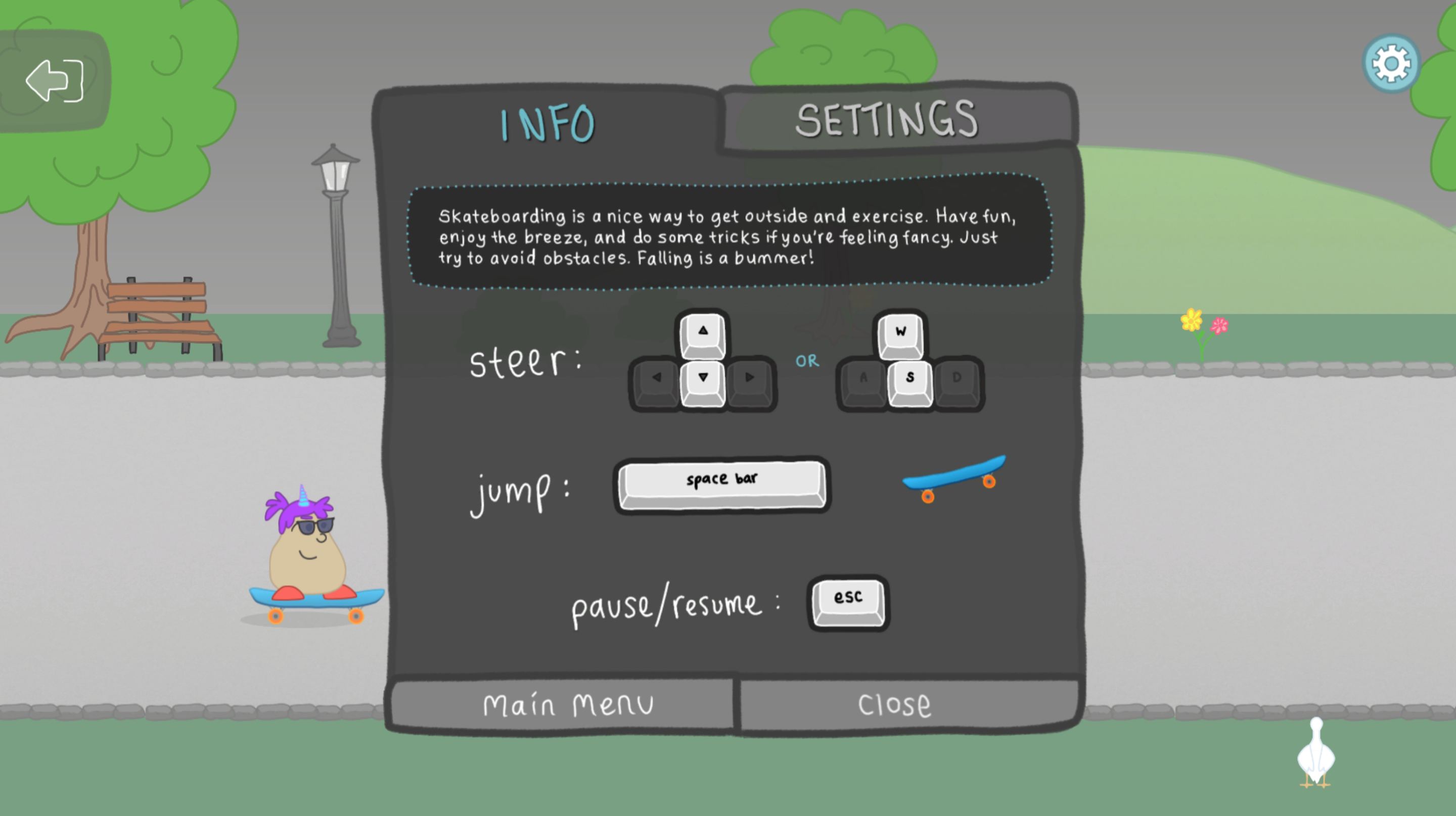 Screenshot of The 2020 Trail game's skate activity info screen