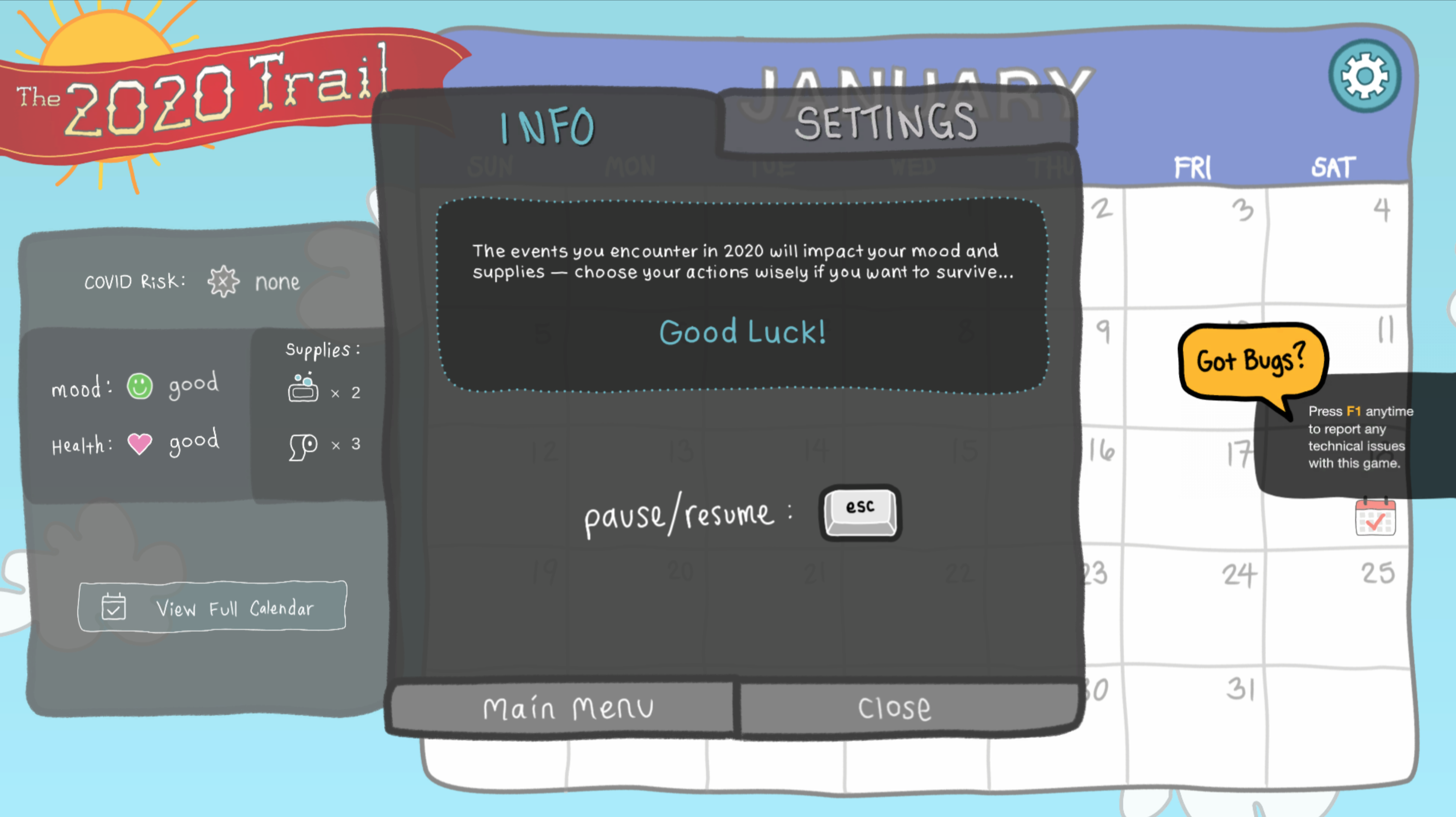 Screenshot of The 2020 Trail game's info screen at the start of gameplay