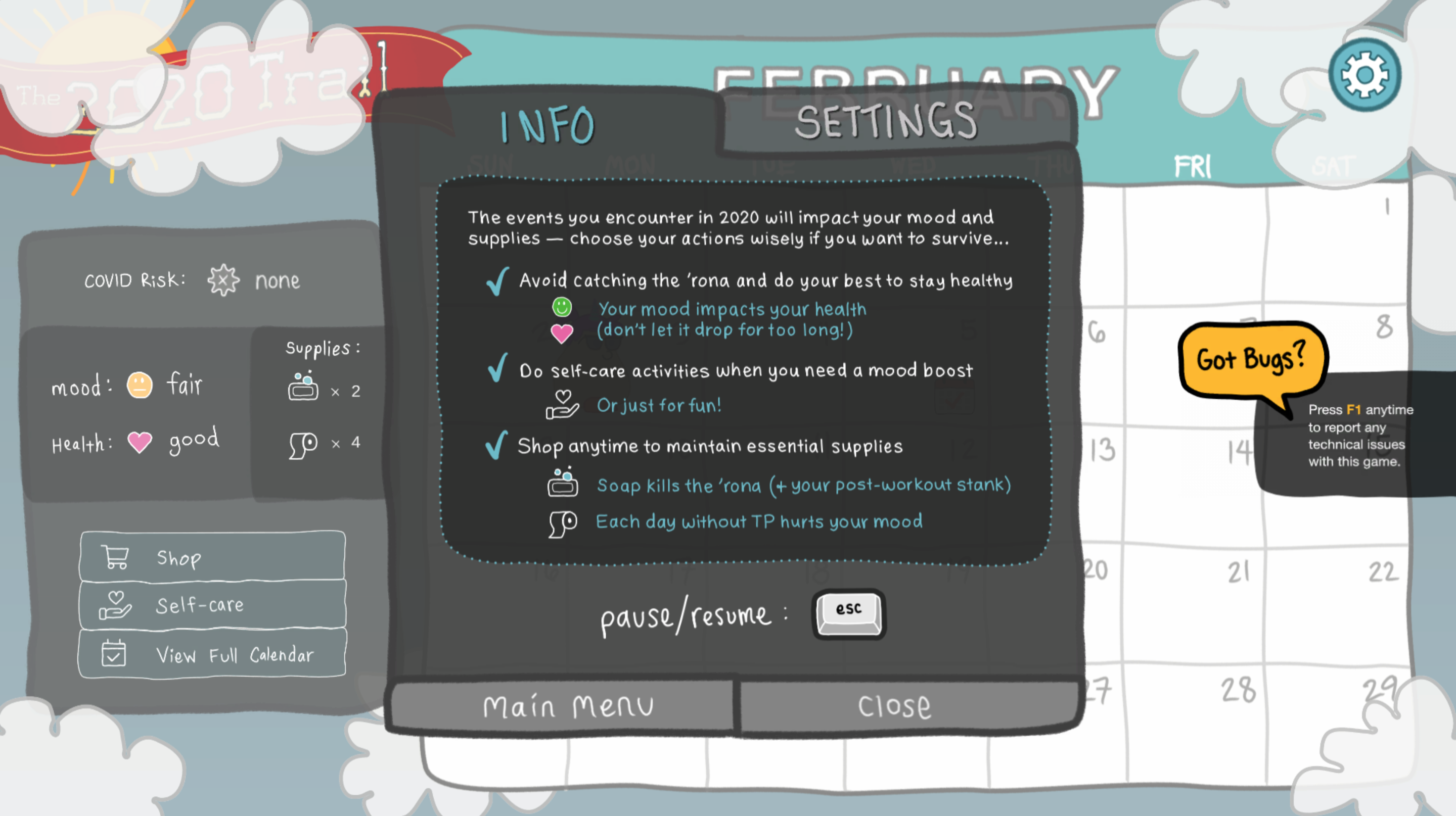 Screenshot of The 2020 Trail game's info screen after new mechanics have been introduced