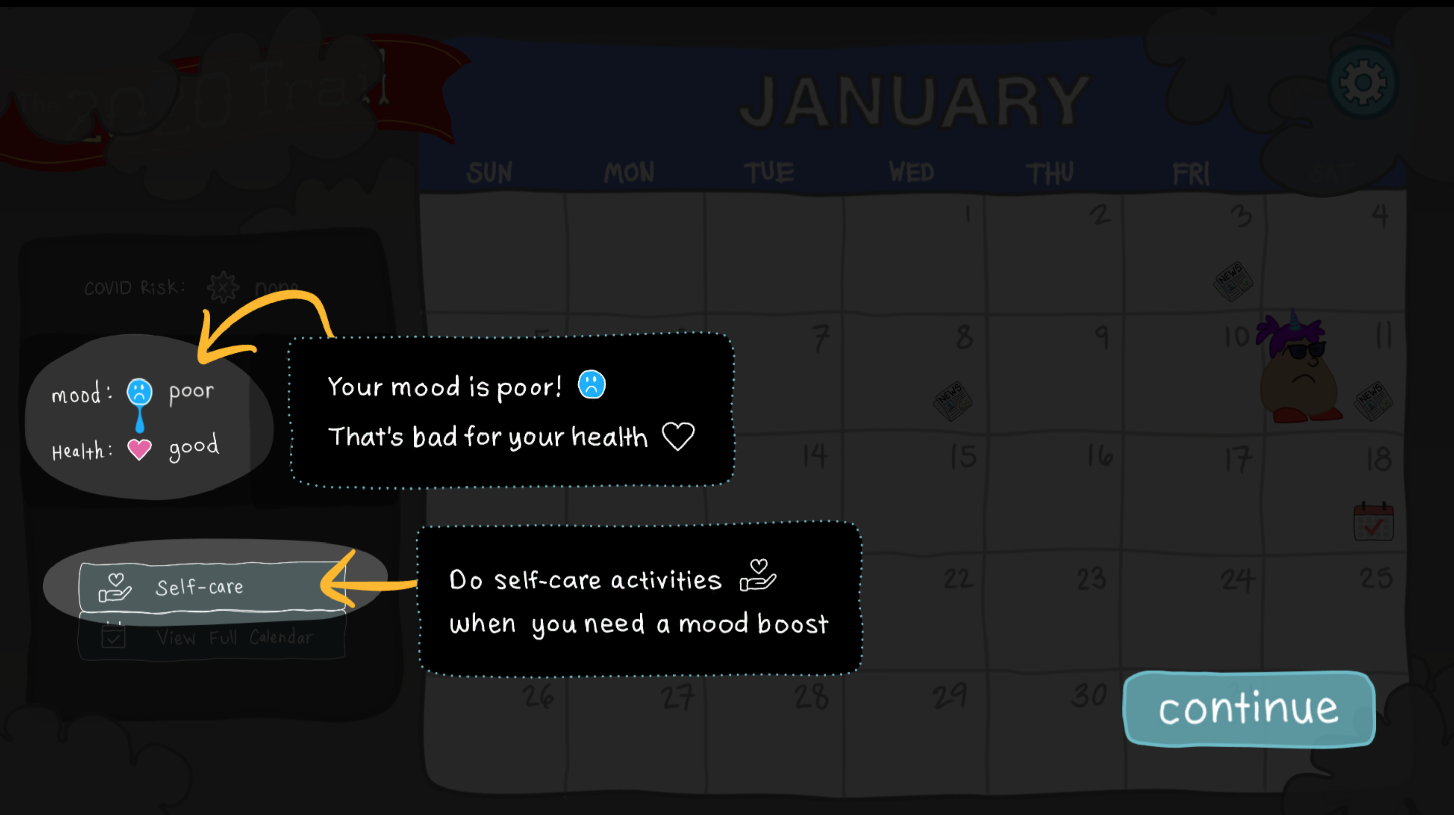 Screenshot of The 2020 Trail game highlighting the player's poor mood and instructing how to address it