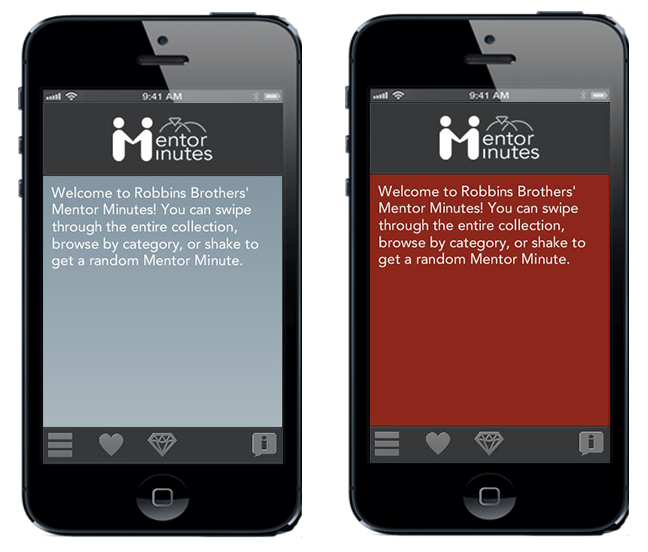 Screenshot of the Mentor Minutes homescreen in red and blue background color options