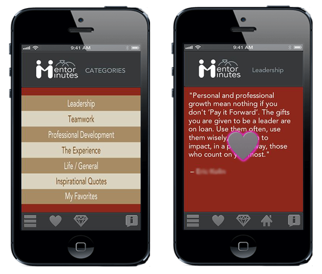 Screenshot of app menu of swipable topics and another screen showing the ability to favorite quotations.