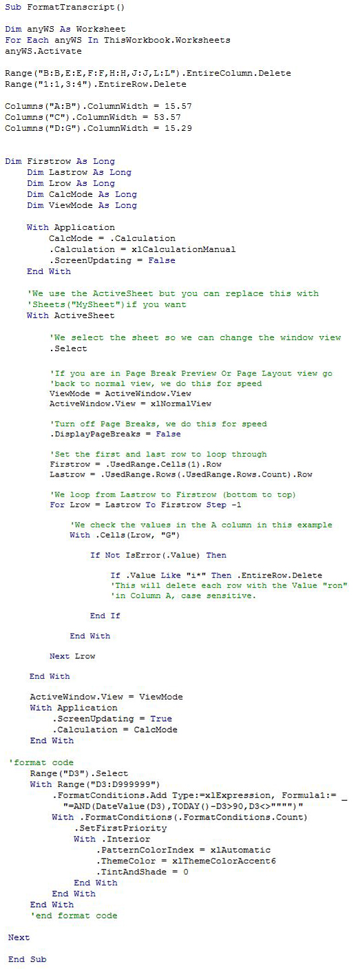 Screenshot of VBA macro code