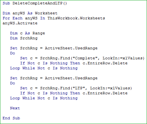 Screenshot of VBA macro code