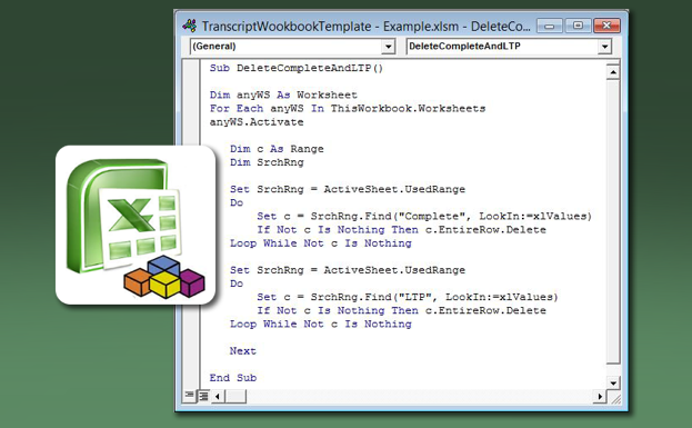 Image of Excel icon and a screenshot of VBA script used to optimize the LMS report