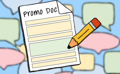 Image promotion document and pencil with speach bubbles in the background