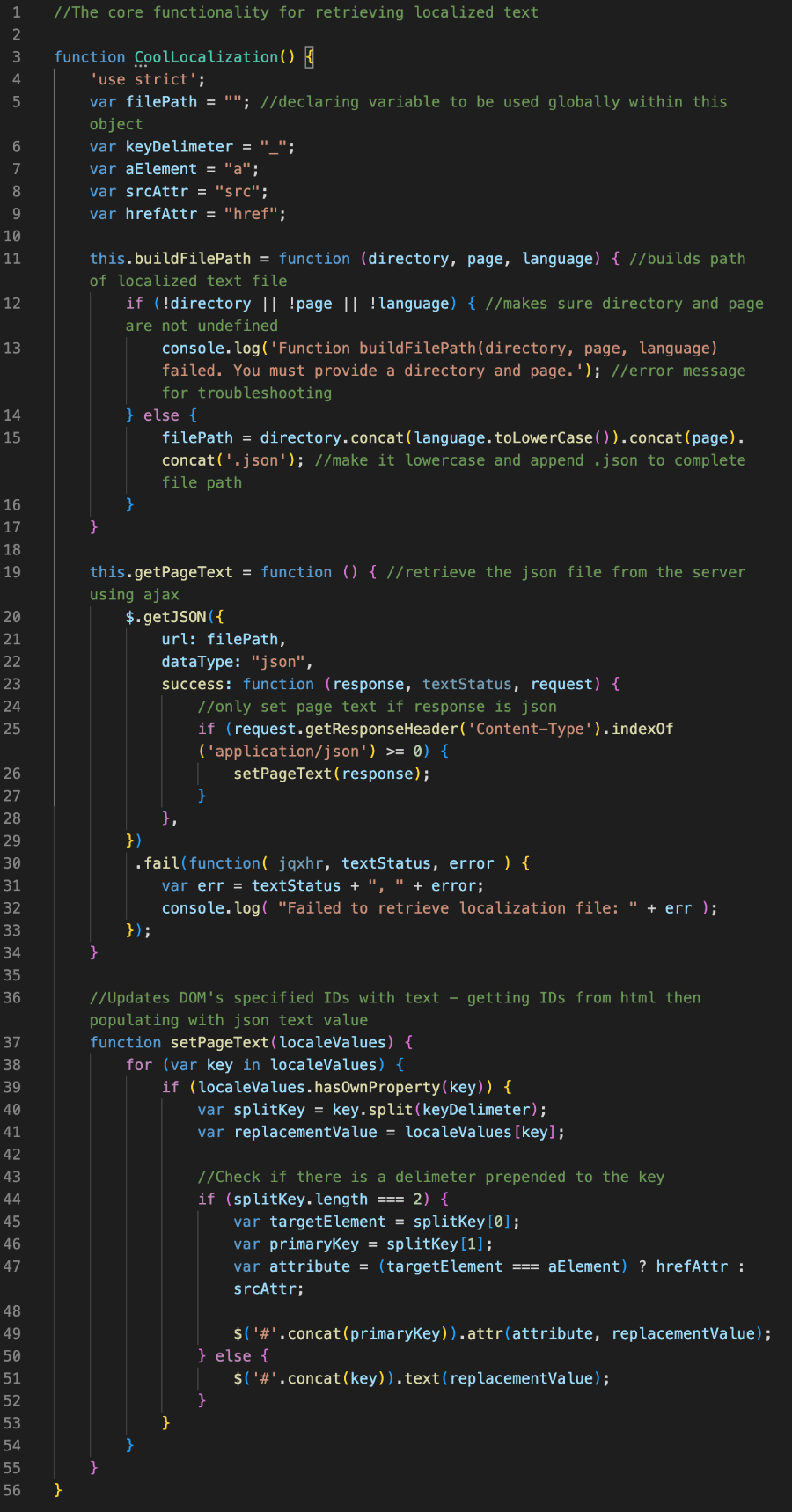 Screenshot of JavaScript code used to enable website translation feature