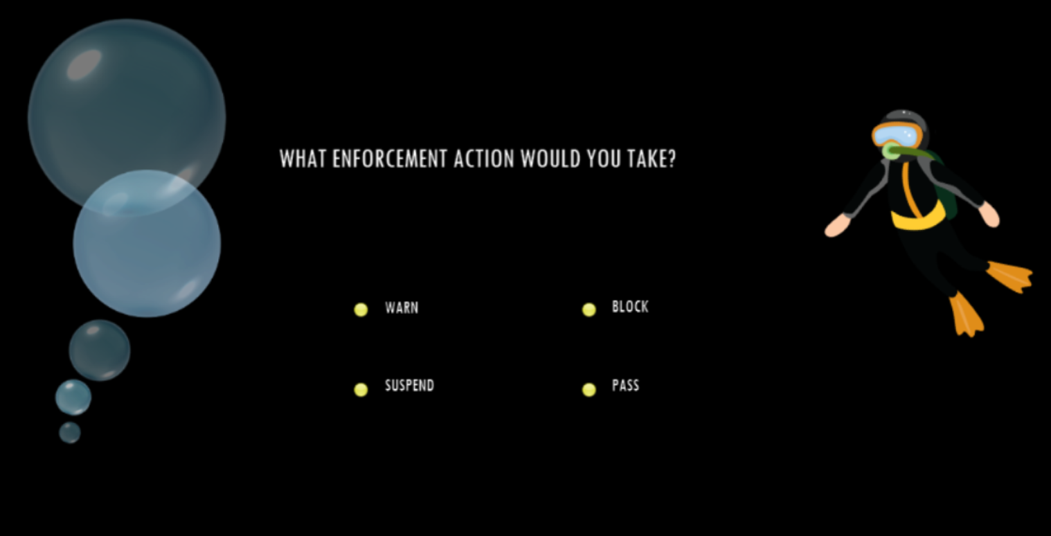 Screenshot of the multiple-choice question portion of the scuba game
