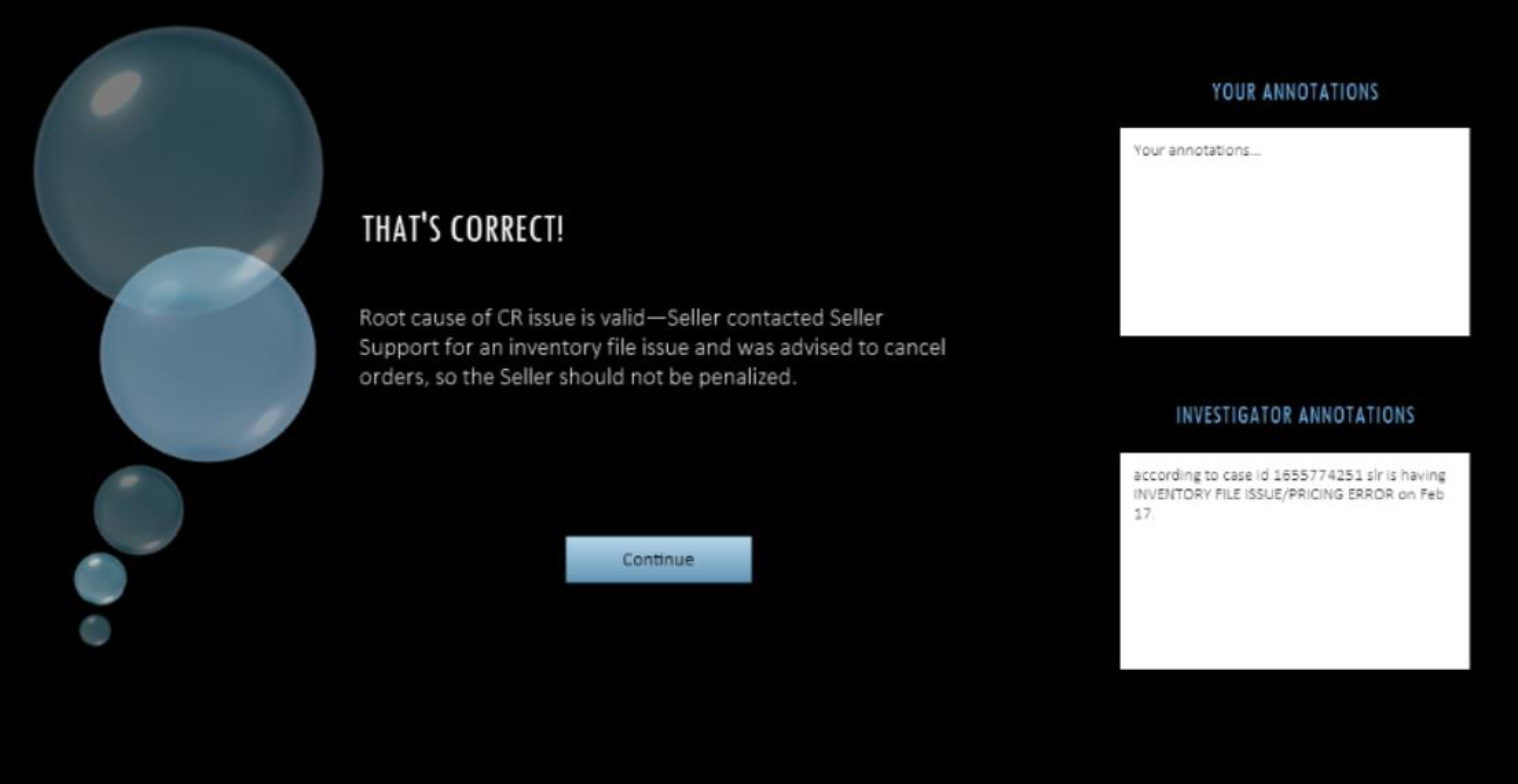 Screenshot of the player getting feedback after answers a question in the scuba game